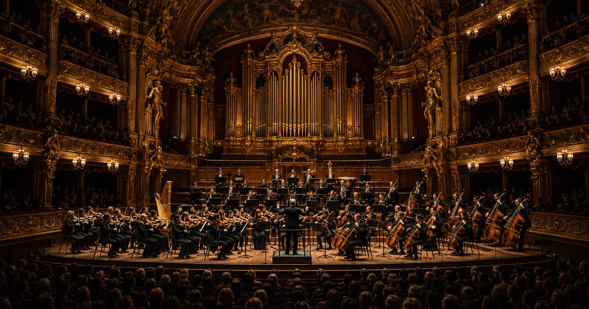 An orchestra performing in an ornate concert hall.
